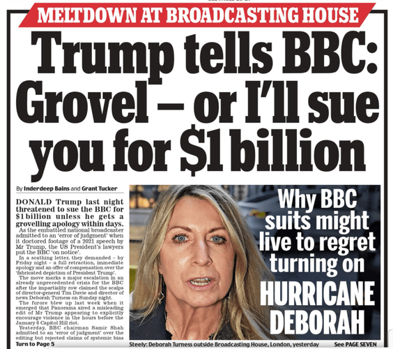 特朗普称计划下周起诉BBC 索赔至多50亿美元