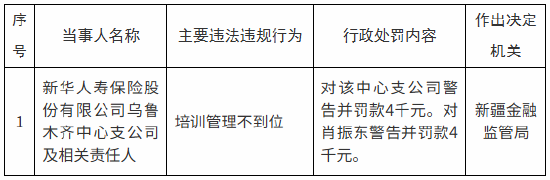新华保险乌鲁木齐中心支公司被罚0.4万元：培训管理不到位
